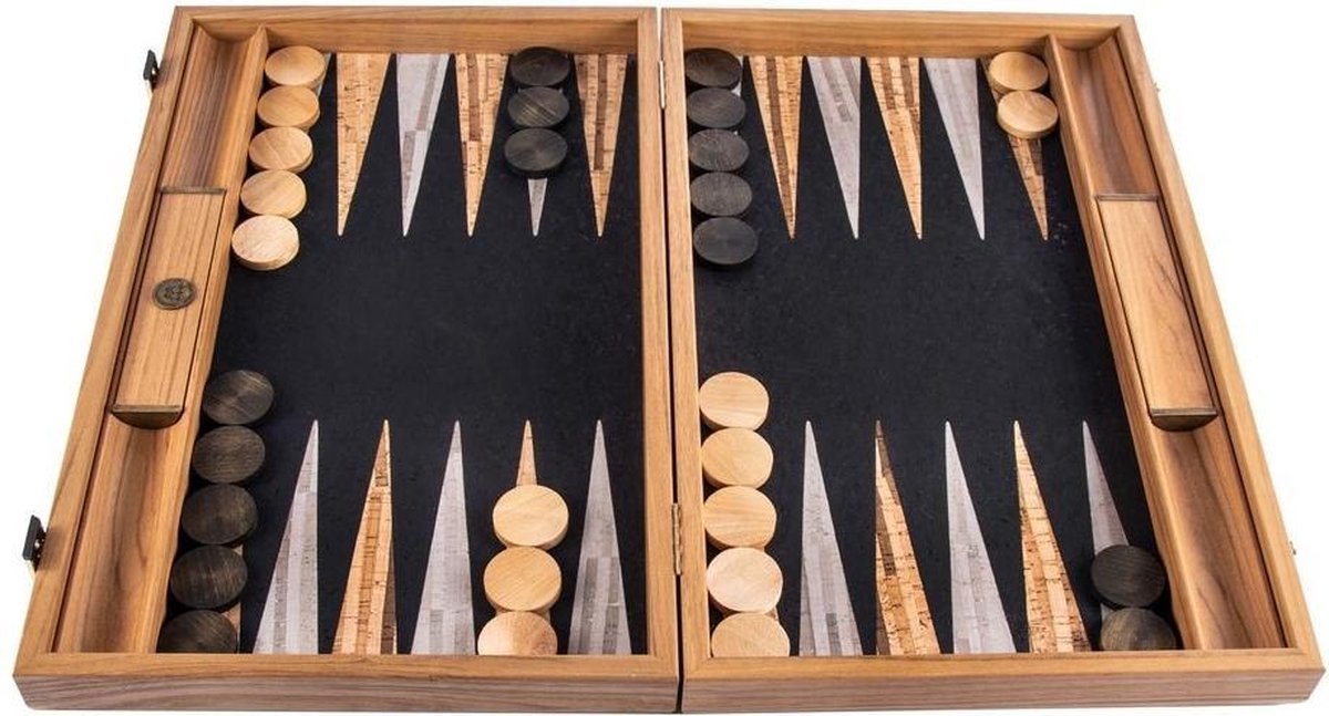 Natuur-Kurk Backgammon spel met Olijfhouten stenen - 48x30 cm -> 48x60 cm in kist  Top Kwaliteit